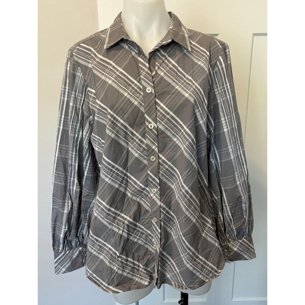 CHICOS Womens Button TOP Long Sleeve GRAY White PLAID  Size 2 (12)